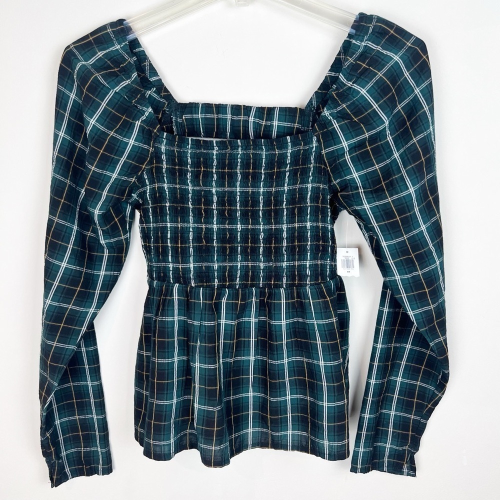 NWT Old Navy Plaid Smocked Square Neck Babydoll Top Peasant Academia XS Holiday